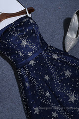 Navy Blue A-Line Tulle Long Evening Dress, Navy Blue Semi Formal Prom Dress
