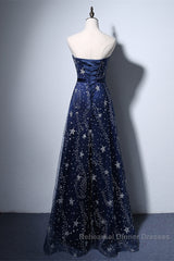 Navy Blue A-Line Tulle Long Evening Dress, Navy Blue Semi Formal Prom Dress
