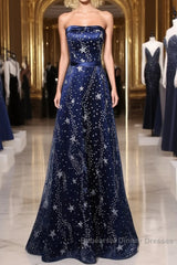 Navy Blue A-Line Tulle Long Evening Dress, Navy Blue Semi Formal Prom Dress