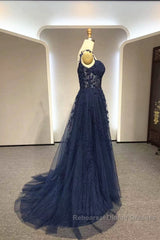 Navy Blue A-Line Tulle With Lace Semi Formal Prom Dress, Navy Blue Long Party Dress