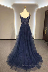 Navy Blue A-Line Tulle With Lace Semi Formal Prom Dress, Navy Blue Long Party Dress