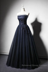 Navy Blue A-Line Tulle With Lace Scoop Long Semi Formal Prom Dress, Navy Blue Evening Dress