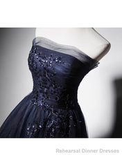 Navy Blue A-Line Tulle With Lace Scoop Long Semi Formal Prom Dress, Navy Blue Evening Dress