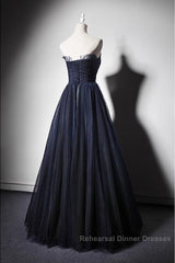 Navy Blue A-Line Tulle With Lace Scoop Long Semi Formal Prom Dress, Navy Blue Evening Dress