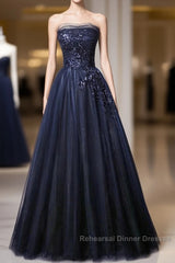 Navy Blue A-Line Tulle With Lace Scoop Long Semi Formal Prom Dress, Navy Blue Evening Dress