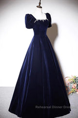 Navy Blue A-Line Velvet Long Evening Dress, Short Sleeves Beaded Semi Formal Prom Dress