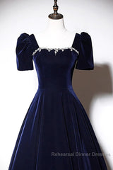 Navy Blue A-Line Velvet Long Evening Dress, Short Sleeves Beaded Semi Formal Prom Dress