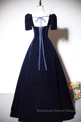 Navy Blue A-Line Velvet Long Evening Dress, Short Sleeves Beaded Semi Formal Prom Dress