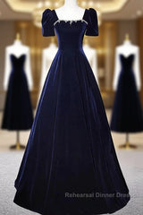 Navy Blue A-Line Velvet Long Evening Dress, Short Sleeves Beaded Semi Formal Prom Dress