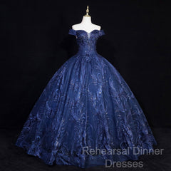 Navy Blue Ball Gown Long Formal Dress, Off Shoulder Navy Blue Party Dress