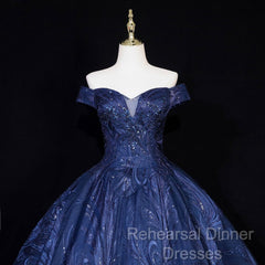 Navy Blue Ball Gown Long Formal Dress, Off Shoulder Navy Blue Party Dress