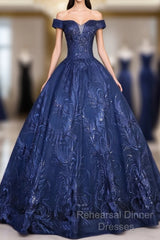 Navy Blue Ball Gown Long Formal Dress, Off Shoulder Navy Blue Party Dress