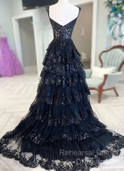 Navy Blue Lace And Tulle Sweetheart Long Formal Dress, Navy Blue Semi Formal Prom Dress