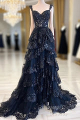 Navy Blue Lace And Tulle Sweetheart Long Formal Dress, Navy Blue Semi Formal Prom Dress