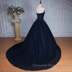 Navy Blue Lace Applique Tulle Long Party Dress Formal Gown Off Shoulder Floor Length Semi Formal Prom Dress