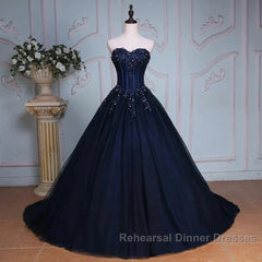 Navy Blue Lace Applique Tulle Long Party Dress Formal Gown Off Shoulder Floor Length Semi Formal Prom Dress