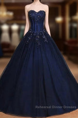 Navy Blue Lace Applique Tulle Long Party Dress Formal Gown Off Shoulder Floor Length Semi Formal Prom Dress