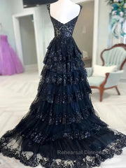 Navy Blue Lace Layered A Line Semi Formal Prom Dress