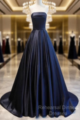 Navy Blue Satin Long Party Dress,  Elegant Dark Blue Formal Dress Evening Dress
