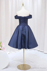 Navy Blue Satin Off Shoulder Knee Length Party Dress, Navy Blue Homecoming Dress