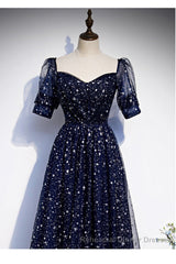 Navy Blue Simple Tulle Short Sleeves Semi Formal Prom Dress, Navy Blue Long Evening Dress