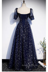 Navy Blue Simple Tulle Short Sleeves Semi Formal Prom Dress, Navy Blue Long Evening Dress