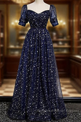 Navy Blue Simple Tulle Short Sleeves Semi Formal Prom Dress, Navy Blue Long Evening Dress