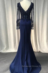 Navy Blue Spandex Long Sleeves Mermaid Evening Dress, Navy Blue Semi Formal Prom Dress