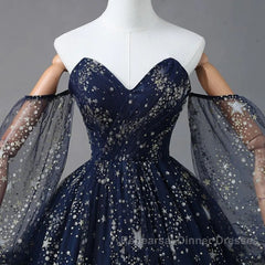 Navy Blue Tulle A-Line Long Party Dress Evening Dress, Navy Blue Long Semi Formal Prom Dress