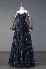 Navy Blue Tulle A-Line Long Party Dress Evening Dress, Navy Blue Long Semi Formal Prom Dress