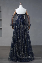 Navy Blue Tulle A-Line Long Party Dress Evening Dress, Navy Blue Long Semi Formal Prom Dress