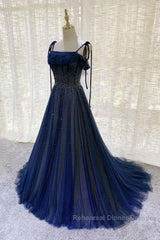 Navy Blue Tulle Beaded Long Semi Formal Prom Dress Evening Dress