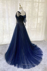 Navy Blue Tulle Beaded Long Semi Formal Prom Dress Evening Dress