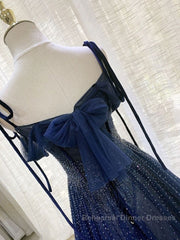 Navy Blue Tulle Beaded Long Semi Formal Prom Dress Evening Dress