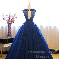 Navy Blue Tulle Cap Sleeves Quinceanera Dresses, Blue Beaded Ball Gown Party Dress