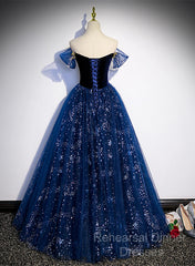 Navy Blue Tulle Off Shoulder Beaded Long Party Dress, Navy Blue Tulle Semi Formal Prom Dress