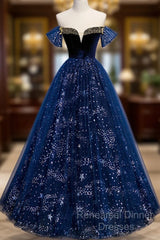 Navy Blue Tulle Off Shoulder Beaded Long Party Dress, Navy Blue Tulle Semi Formal Prom Dress