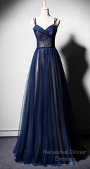 Navy Blue Tulle V Neck Long Women Semi Formal Prom Dress, Lace Up Evening Dress
