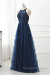 Navy Blue Tulle With Lace Applique Long Party Dress Semi Formal Prom Dress Sleeveless Elegant