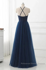 Navy Blue Tulle With Lace Applique Long Party Dress Semi Formal Prom Dress Sleeveless Elegant