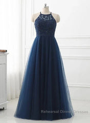Navy Blue Tulle With Lace Applique Long Party Dress Semi Formal Prom Dress Sleeveless Elegant
