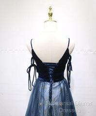 Navy Blue Velvet And Tulle Long Semi Formal Prom Dress Party Dress, Navy Blue Evening Dress