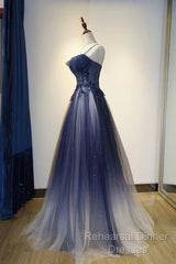 Navy Gradient A Line Tulle Long Formal Semi Formal Prom Dresses