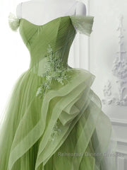 New Arrival A-Line Tulle Lace Green Long Semi Formal Prom Dress, Green Lace Long Formal Dress