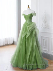 New Arrival A-Line Tulle Lace Green Long Semi Formal Prom Dress, Green Lace Long Formal Dress