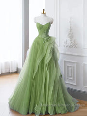 New Arrival A-Line Tulle Lace Green Long Semi Formal Prom Dress, Green Lace Long Formal Dress