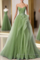 New Arrival A-Line Tulle Lace Green Long Semi Formal Prom Dress, Green Lace Long Formal Dress