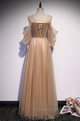 Noble And Elegant Champagne Beaded Long Sleeved Off Shoulder Ball Dress Champagne A-Line Princess Off Shoulder Strap And Floor Length Semi Formal Prom Dress