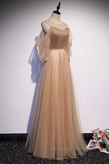 Noble And Elegant Champagne Beaded Long Sleeved Off Shoulder Ball Dress Champagne A-Line Princess Off Shoulder Strap And Floor Length Semi Formal Prom Dress