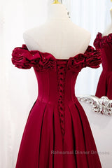 Noble And Elegant Wine Red Sleeveless Off Shoulder Beaded Ball Dress With Wine Red A-Shaped Backless Strap And Ground Length Ruffled Hem Semi Formal Prom Dress